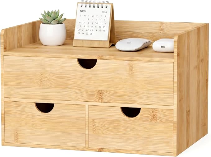 Bamboo Desk Organizer with Drawers, Desktop Storage for Office Supplies | 3 Drawers Desktop organizer, No Assembly Required, Natural Wood Wooden Desktop Drawers Box for Bills, Cosmetics, Seals, Paper - Image 8
