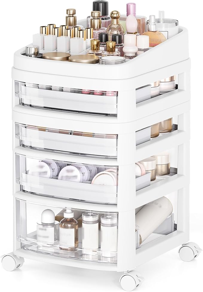 Rolling Cart with 4 Drawers, Clear Plastic Drawer Organizers, Vanity Cart | Dust Proof Under Desk Storage with Dividers for Makeup, Skincare, Art Crafts and Baby Items, Acrylic Cosmetic Organizer by APEXCHASER