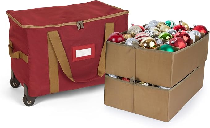 Covermates Keepsakes Rolling Adjustable Ornament Storage Bag – Heavy-Duty Polyester, FlexGrid Trays & Padded Dividers – Protective Holiday Organizer with Wheels, Handles & ID Window, Red by Covermates
