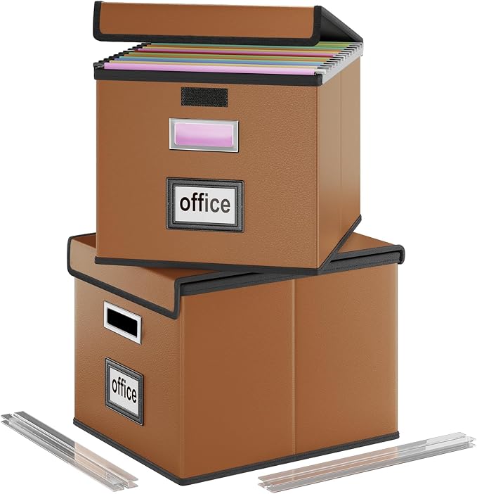 File Organizer Box with Lids, Collapsible File Folder Organizer | File Box with Plastic Slides for Document, Filing Bin for Letter Size Hanging File Folders (2 Pack, Caramel, Leather) by Huolewa