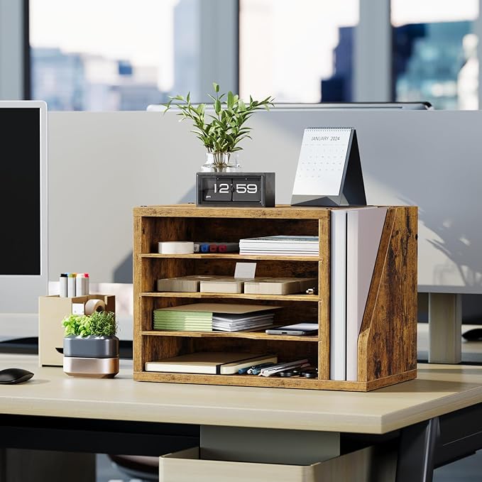 Wooden Mail Organizer, Desk Organizer with 3 Adjustable Shelves | Mail Sorter, File Organizer Desktop, Mail Holder for Home Office, Letter Sorter for Envelopes, Bills, Magazines, Rustic Brown - Image 7