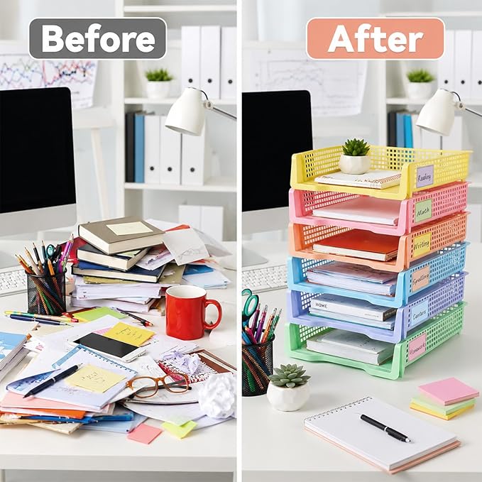 Set of 6 Pastel Turn in Trays with Label Stickers for Teachers Stackable Classroom Paper Letter Trays Plastic Classroom Desk Letter Organizer Tray Storage Baskets for Library, Drawers, Office, Home - Image 5