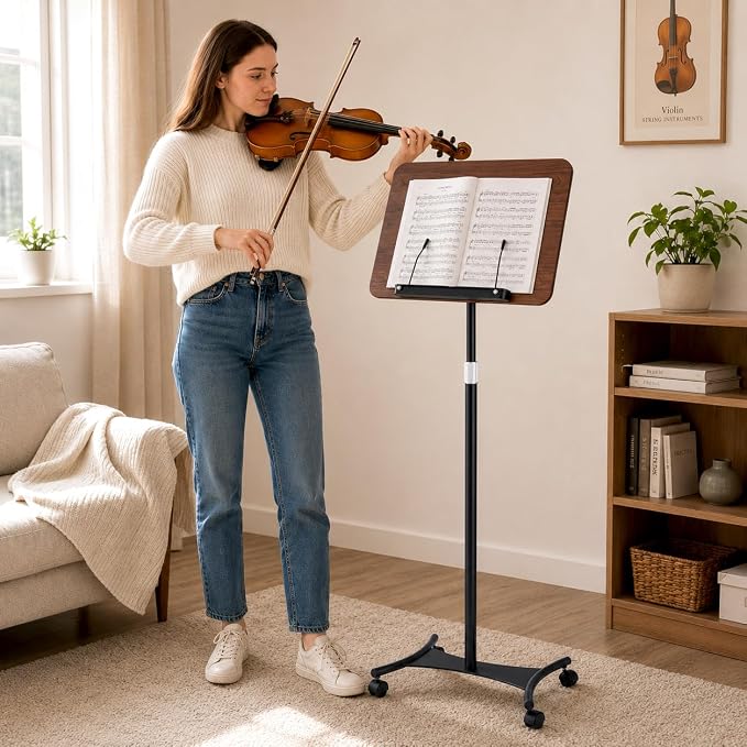 Rolling Book Stand with Wheels, Adjustable Sheet Music & Reading Stand | 16.5 x 11.8 in panel | 19-57 in adjustable height | 360° angle | Lockable wheels | For books, music, tablets - Image 2