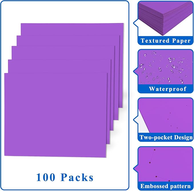 Zzrywuty 100 Packs Paper Purple Folders with Pockets for Students,Businessmen and Office Workers,Letter Size,Two Pocket Folders with Card Slot for Office,Business,School Supplies - Image 5
