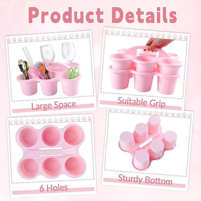6 Pack Classroom Caddy with Handle Plastic Storage Caddy Organizer with 6 Compartments Drink Cup Caddies Holder Portable Storage Bin for Pencil, Crayon, Marker, Home, Office, School Supplies(Pink) - Image 3