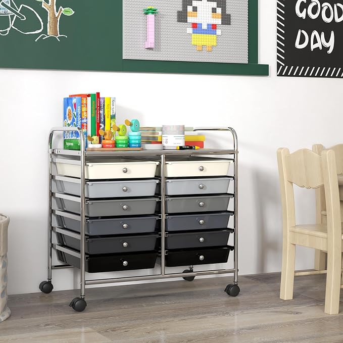 GOFLAME 12-Drawer Rolling Storage Cart, Multifunctional Art Craft Organizer Cart, Mobile Utility Storage Cart with Removable Drawers & Lockable Wheels, Craft Cart for Home Office School, Grey Gradient - Image 2