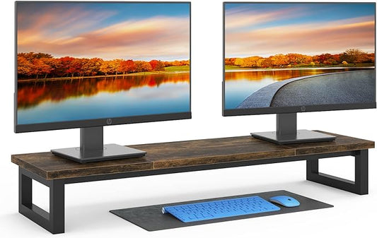 YAOHUOO Dual Monitor Stand Riser, 39Inch Large Monitor Stands for 2 Monitors, Computer Monitor Stand, Wooden Desktop Oraganizer Shelf for Office Desk Computer,Laptop,TV by YAOHUOO