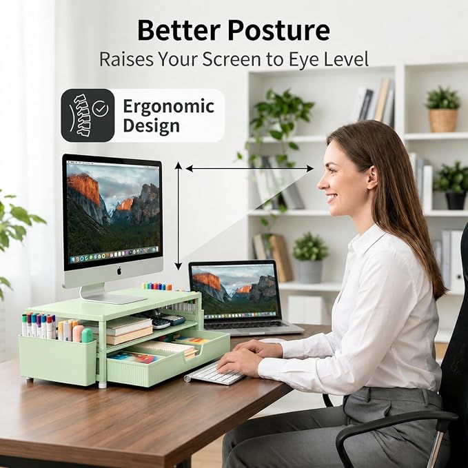 ECOLOVI Desk Organizer and Accessories, 2-Tier Computer Monitor Stand Rise with Storage Drawer & 2 Pen Holders, Laptop & Printer Stand for Desktop, Workspace Organizers for Office Supplies (Green) - Image 3
