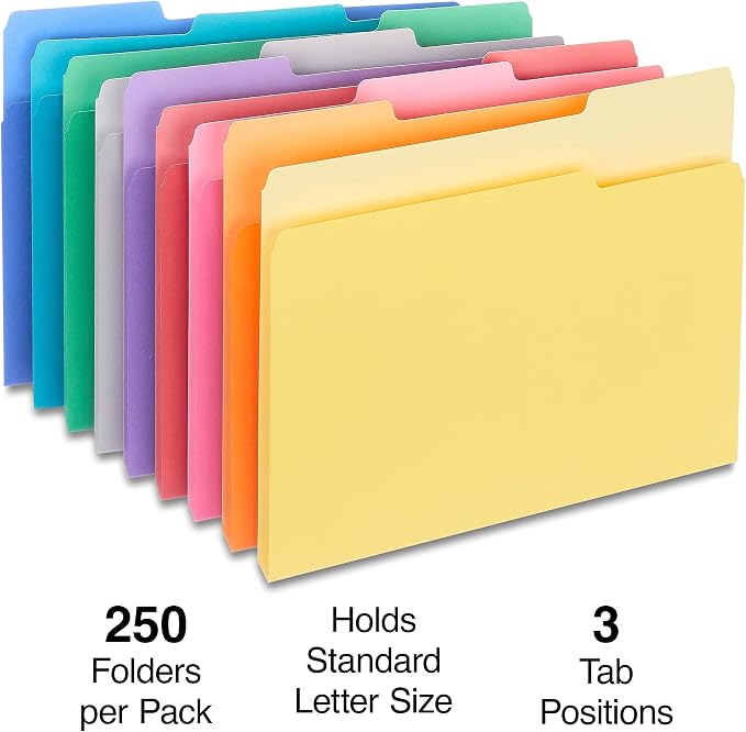 Staples File Folder, Letter Size, 1/3‑Cut Tabs, Assorted Colors, Durable Paper Stock, 500/Carton - Image 2