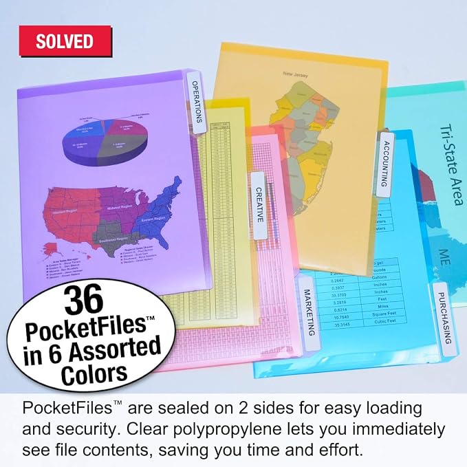 Ultimate Office Poly Color File Folders Letter Size, 3rd-Cut Tabs Set of 36 | PocketFiles Heavy Duty Transparent Files, Sealed on 2 Sides to Secure and Protect Documents and are Tabbed for Easy Indexing - Image 3