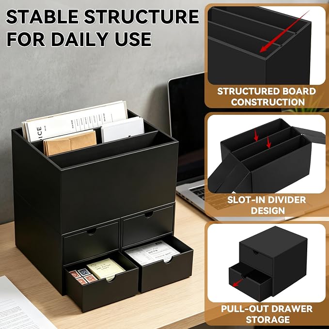 3 Sets Desktop Mail Organizer with Drawers, 3-Compartment Stepped Mail Sorter and 2-Drawer Storage Box for Bills, Letters, Envelopes, Papers, Home Office, Reception, Entryway and Mailroom - Image 7