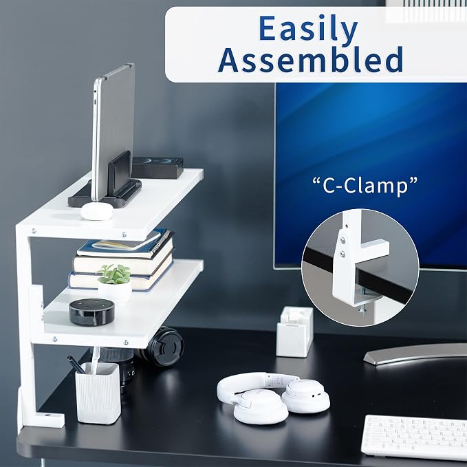 VIVO White Clamp-on 24 inch 2-Tier Desk Shelf, STAND-SHELF24C-W | Above or Below Desk, 2 Level Shelving Unit for Table Accessories, Gaming Devices, and More, Storage Tray, Desktop Organizer - Image 5