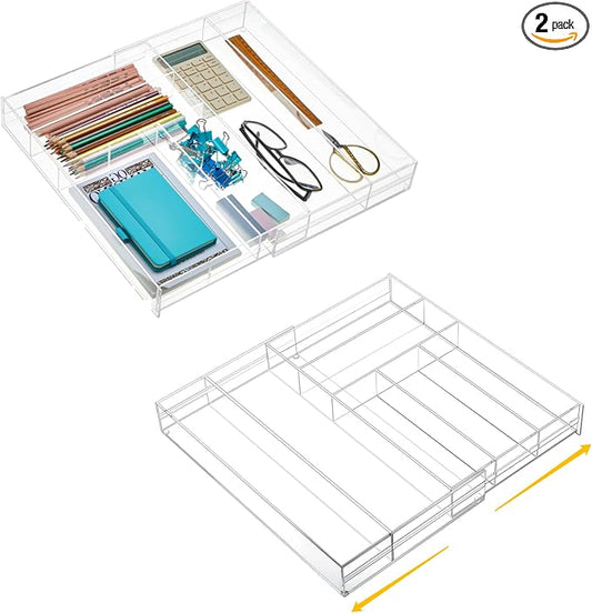 Briwooody 2 Pcs Acrylic Drawer Organizer 9'' up to 18'' x 15'' x 2'' Expandable Drawer Organizer Pens Notebook Ruler Makeup Tray with 7 Adjustable Compartments for Desk Office Kitchen Bathroom(Clear) by Briwooody