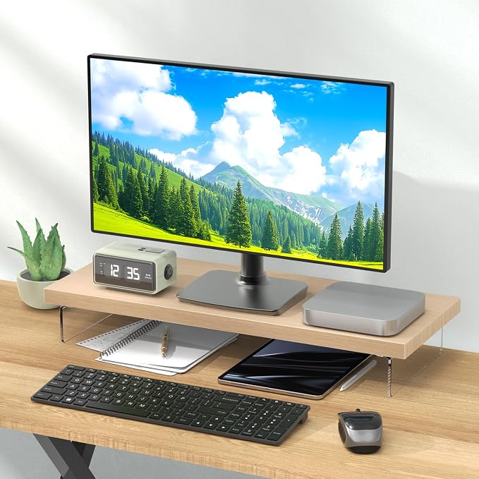 Monitor Stand Riser, 25x10 in Wood & Acrylic Computer Desk Organizer Shelf | Computer Monitor Stand With Wood & Acrylic Design; Works As Laptop Riser, Printer Stand, TV Screen Riser And Desk Organizer. - Image 2