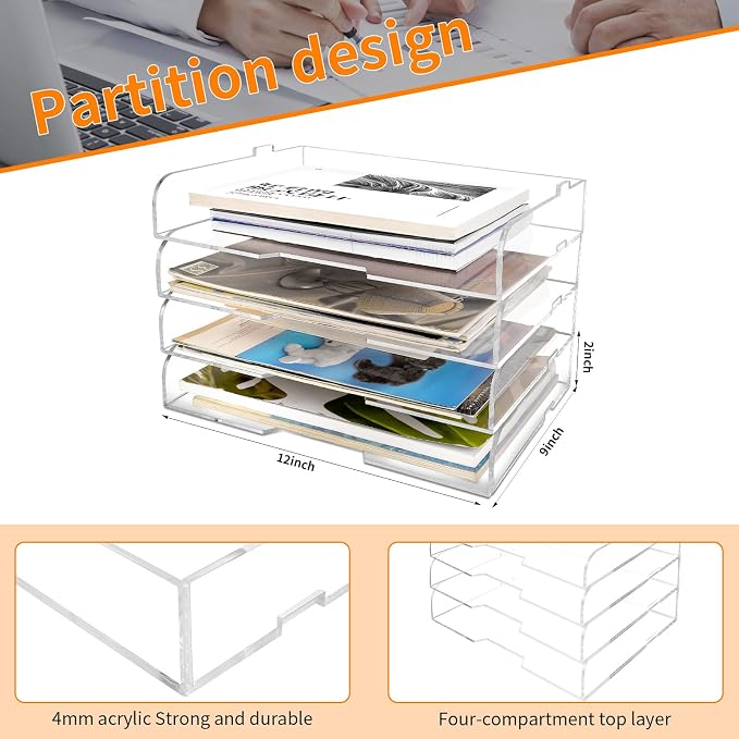 4 Pack- Stackable Paper Letter Tray,Clear Acrylic Magazine Holder and File Organizer - Sleek Desk Organizer for Home Office, Bookshelf, or Workspace - Space-Saving Transparent Document Holder - Image 3