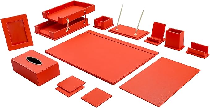 Desk Set, 11-Piece All-in-One – Executive Desk Accessories & Office Supplies, Leather Desk Organizer with Desk Pad, 2-Tier Letter Tray, Luxury Office Desk Decor & Boss Gifts (Orange)