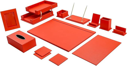 Desk Set, 11-Piece All-in-One – Executive Desk Accessories & Office Supplies, Leather Desk Organizer with Desk Pad, 2-Tier Letter Tray, Luxury Office Desk Decor & Boss Gifts (Orange)