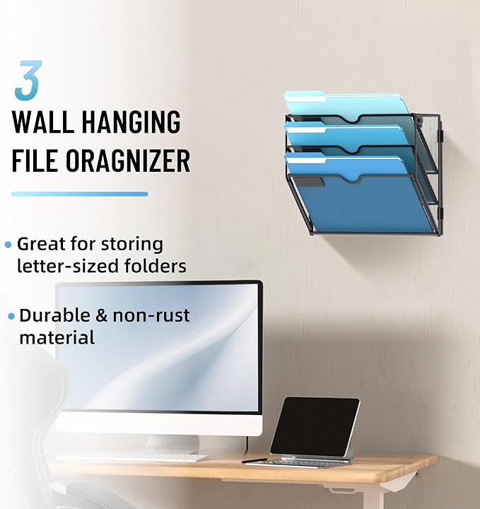 3-Tier Hanging Wall File Organizer with Hooks for Office Organization | Mesh Wall File Holder, Mail Organizer Wall Mounted for Papers, Documents, Folders and Magazines in Home Office, Classroom - Image 2