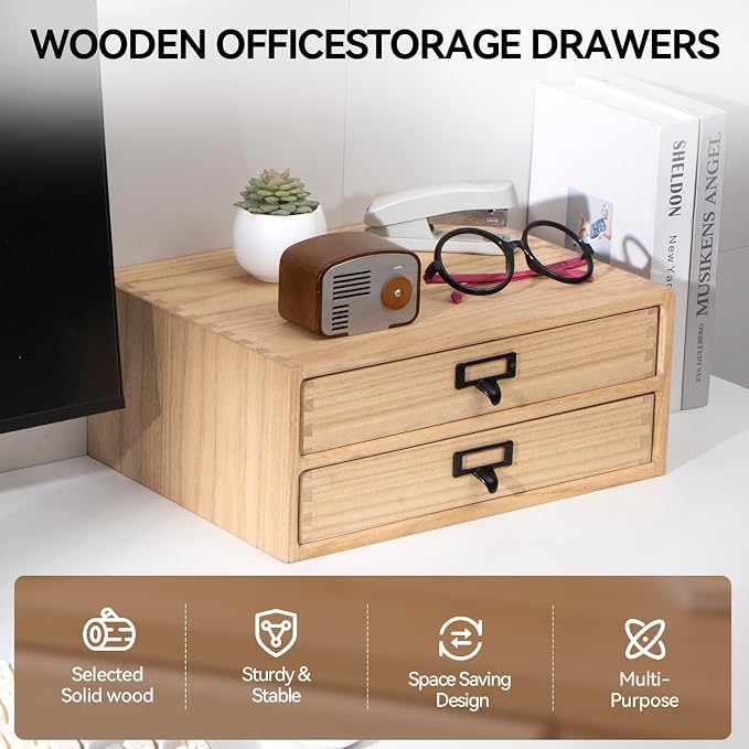 KIRIGEN Solid Wood Desk Organizer with 2 Drawers, Desktop Storage, Natural | 2-Drawer Cabinet for Printer Paper, Mail, Notebooks, and Office Supplies, 13.78 x 10.6 x 5.9 In, Fully Assembled - Image 5