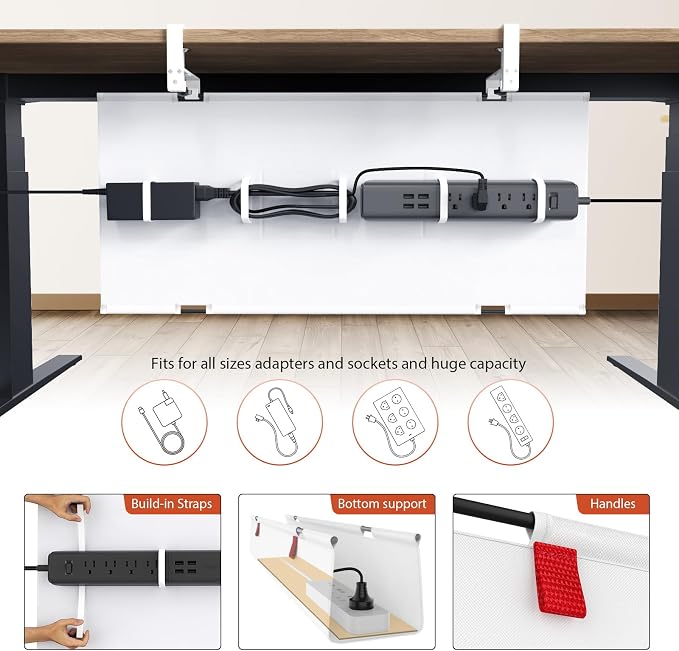Univivi No Drill Under Desk Cable Management Tray, 28 inch Cable Management | Clamp/Screw Mount Cable Management Desk, Premium Fabric Cable Management Box, Various Sizes Wire Management for Office, Home - Image 2