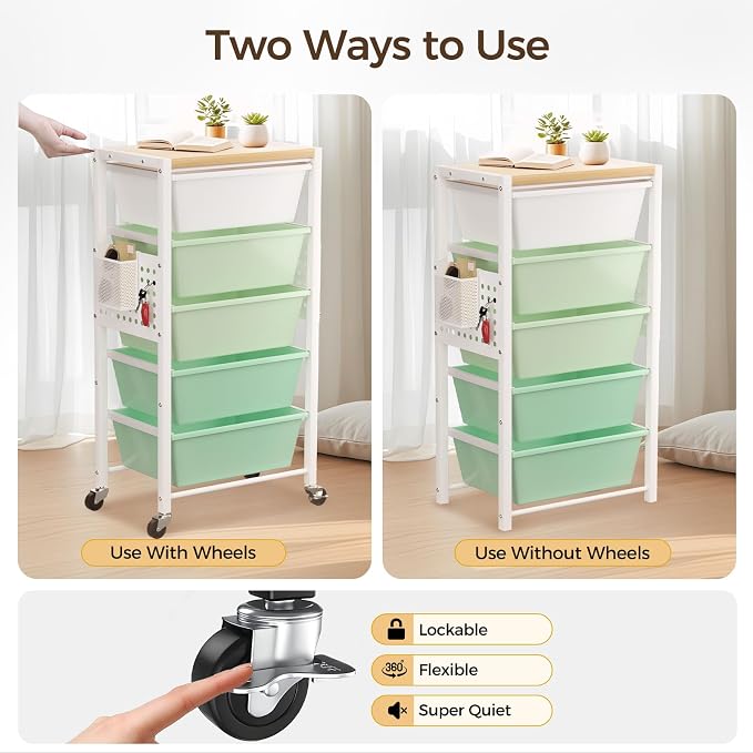 Rolling Cart with 4 Drawers, Plastic Drawer Storage Carts with Wheels & Wooden Tabletop, Metal Utility Cart with Pegboards, Office Living Room Classroom Craft Organization and Storage, Bright Green - Image 7