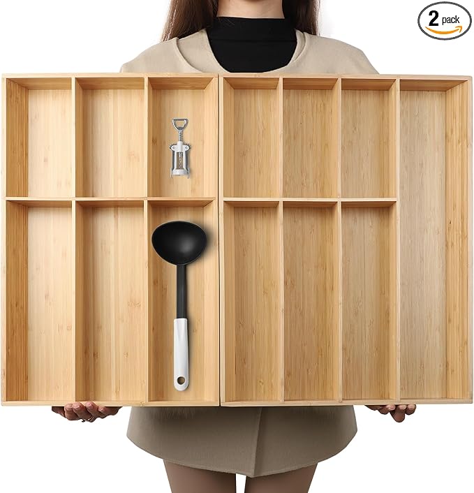 BAMOTTO CRAFTBAMBOO 13 Slot V-Shaped Bamboo Drawer Organizer Set of 2 | Cutlery Tray | Silverware & Flatware Organizer | Utensil | Kitchen & Bathroom | Extra Large 19.6"×14.6" & 19.6"×12.4" by BAMOTTOCRAFTBAMBOO