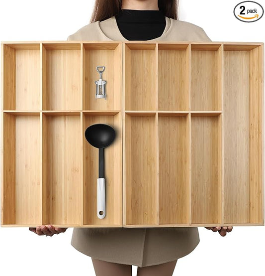 BAMOTTO CRAFTBAMBOO 13 Slot V-Shaped Bamboo Drawer Organizer Set of 2 | Cutlery Tray | Silverware & Flatware Organizer | Utensil | Kitchen & Bathroom | Extra Large 19.6"×14.6" & 19.6"×12.4" by BAMOTTOCRAFTBAMBOO