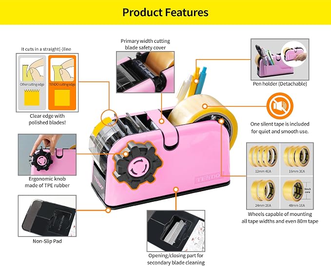 [TENDO°] TENDO Multi-Section Tape Dispenser, Custom Width Tape Cutter with 4 Cutting Sections, Built-in Safety Blade, Ergonomic Grip for Packing and Office Use, ZO-508(Pink) - Image 3