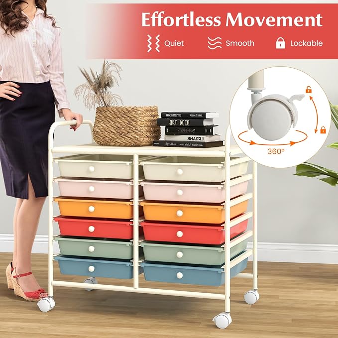 GOFLAME 12-Drawer Rolling Storage Cart, Multifunctional Art Craft Organizer Cart, Mobile Utility Storage Cart with Removable Drawers & Lockable Wheels, Craft Cart for Home Office School, Macaron Color - Image 7