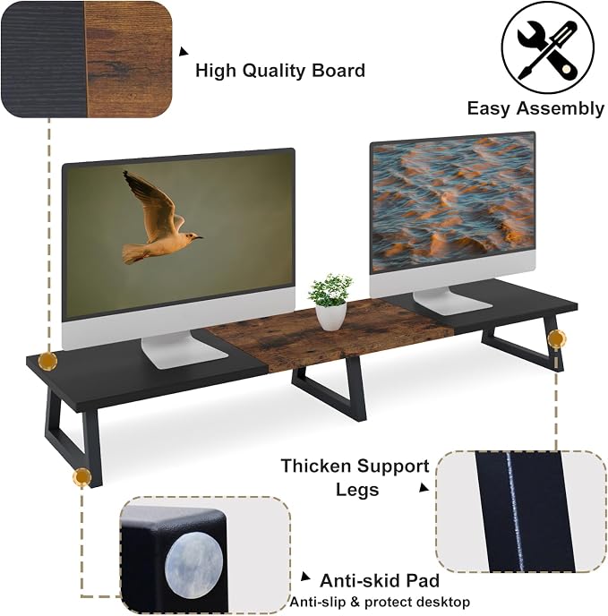 TEAMIX 42 inch Large Dual Monitor Riser, Desk Organizer Stand for TV Laptop | Extra Long Computer Stand Shelf, Wood & Steel TV Riser, Holds 300lbs, Keyboard & PS5 Storage Below, For Home Office & Gaming - Image 3