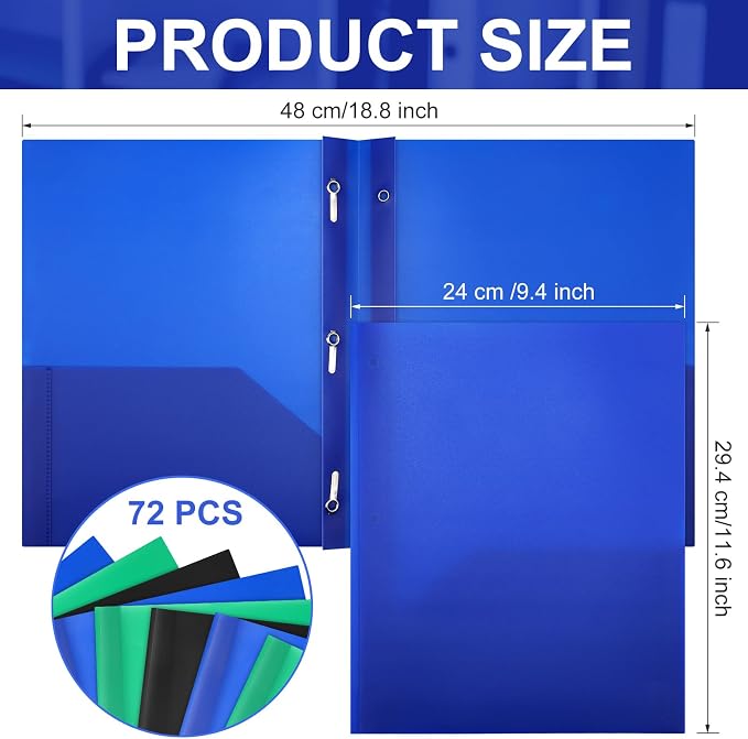 Cholemy 72 Packs Pocket Folders with Prongs Heavy Duty Plastic Folder with Business Card Slot 3 Prong Fasteners for School Office (Black,Blue,Green) - Image 2