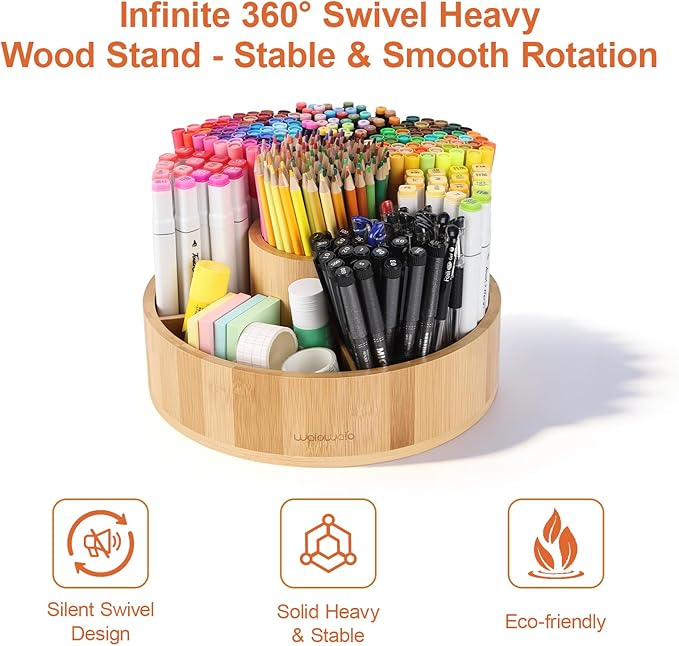 Marker Organizer Rotating Bamboo Desk Organizer, Silent 360° Rotation Caddy, 10 INCH LARGE Art Supply Caddy Holds 140+ Markers, 750+ Pencils for Home Office, Classroom, Birthday Gift, 10 Compartment - Image 6