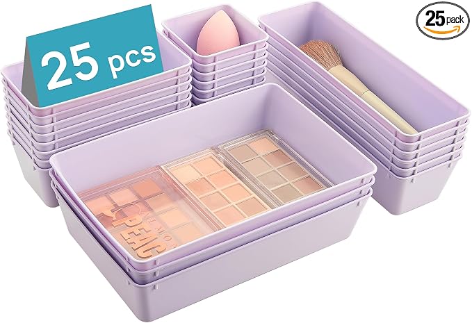 Vtopmart 25 Pack Plastic Drawer Organizers with Non-slip Rubber Pads | 4-Size Versatile Makeup Organizer, Storage Containers Small Bins for Makeup, Jewelries, Bedroom, Kitchen Utensils and Office by Vtopmart