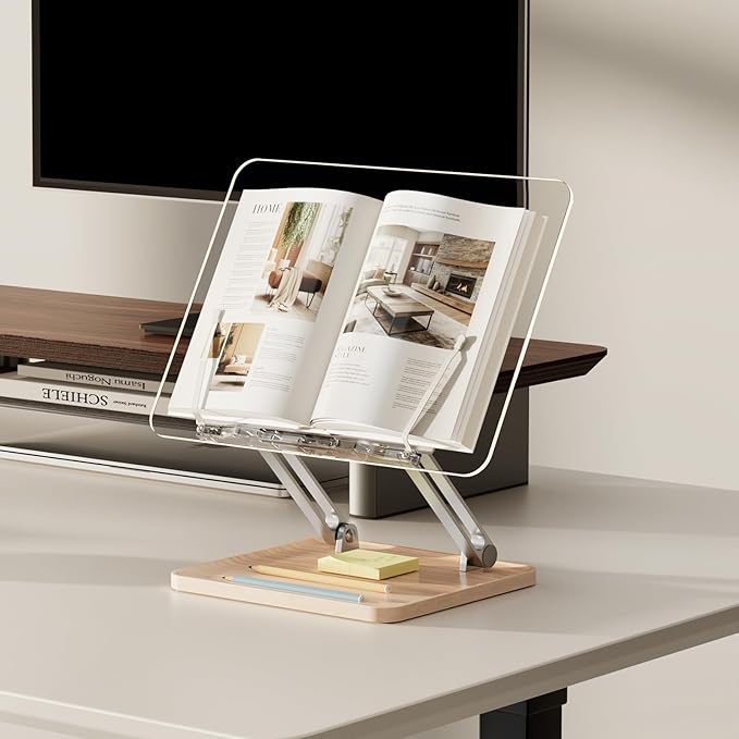Acrylic Book Stand with Storage Base, Dual Aluminum Arm Reading Holder | Non-Slip Silicone Clips, Hands-Free Reading, Holds Pens & Notes, for Cookbook, Recipe & Textbook - Image 6
