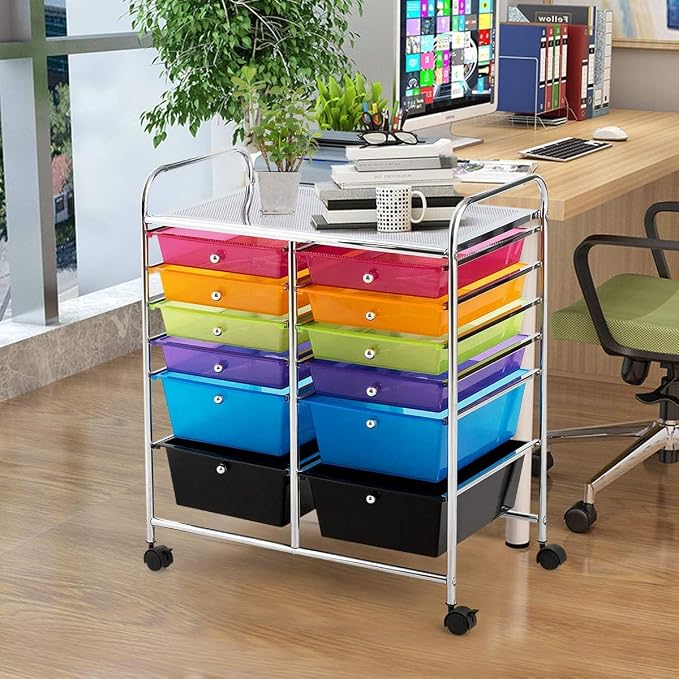 Moccha 12-Drawer Rolling Storage Cart - Under Desk Storage Drawers with wheels for Craft Art Supply Paper Salon, Scrapbook Paper Tools, Mobile Utility Cart for Classroom, Colorful - Image 4