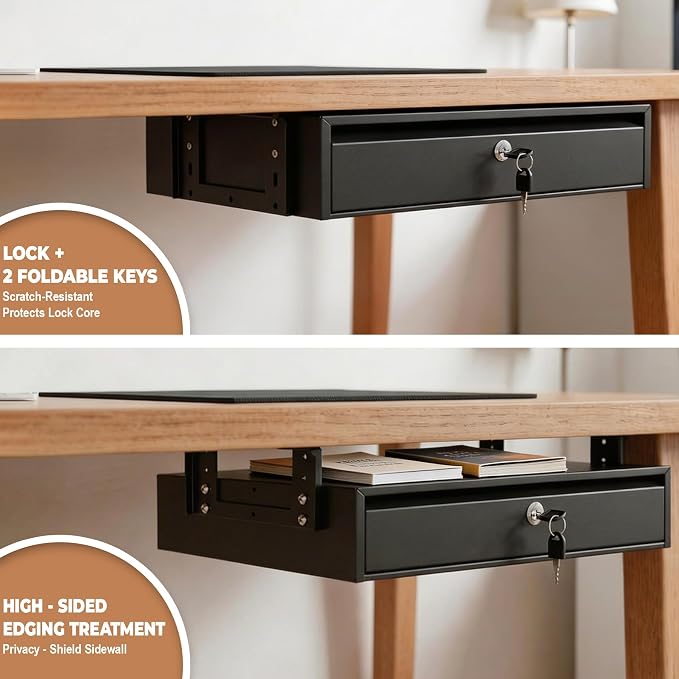 POPMOON 18in Under Desk Drawer with Lock Large Pull Out Storage Organizer | Large 18in under desk drawer with lock,smooth slide rails,adjustable mounting height, supports up to 33 lb - Image 5