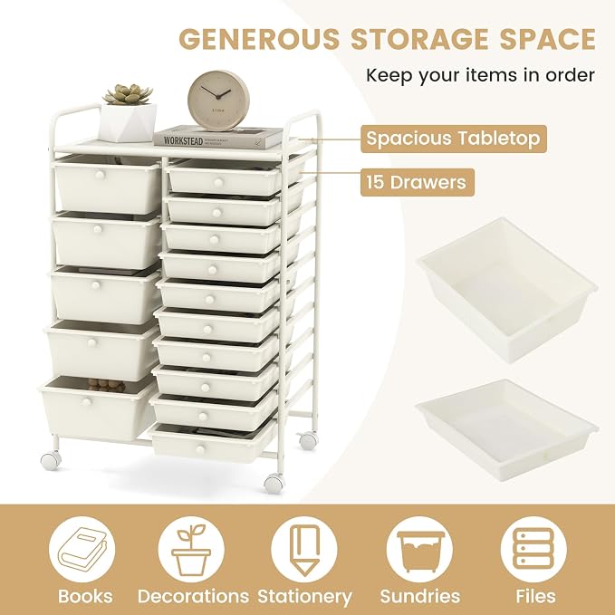 GOFLAME 15-Drawer Rolling Storage Cart, Craft Storage Cart with Removable Drawers & Lockable Wheels, Art Cart Supply Storage Organizer for Home Office Classroom, White - Image 4