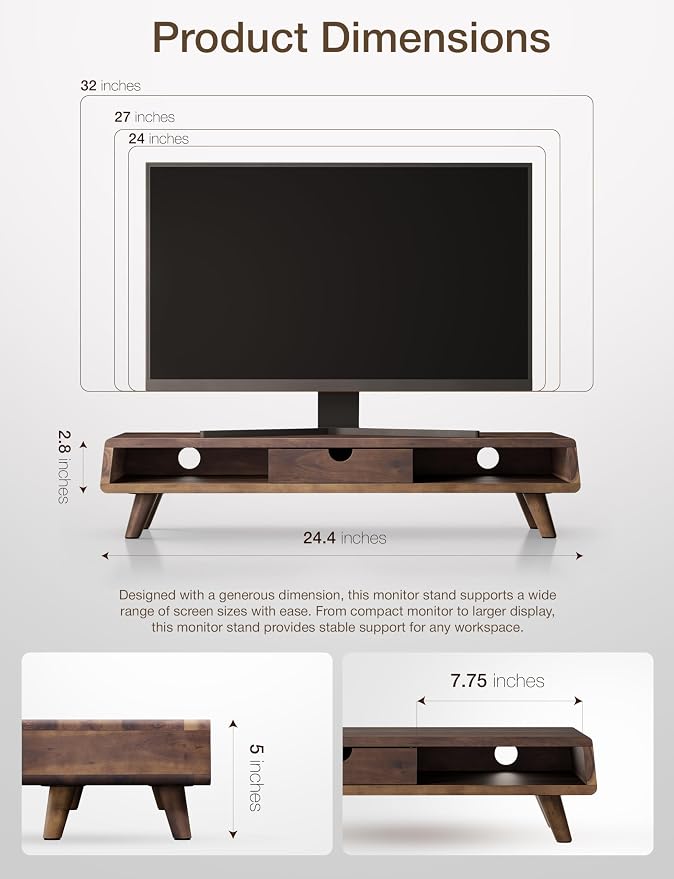 Tinamo Wood Monitor Stand with Drawer & Storage, Walnut Color (Patented) | Acacia Wood, Fits Monitors up to 32", Built-in Drawer, Hidden Storage, Non-slip, Round Edge, Ergonomic Height, Easy Assembly - Image 2