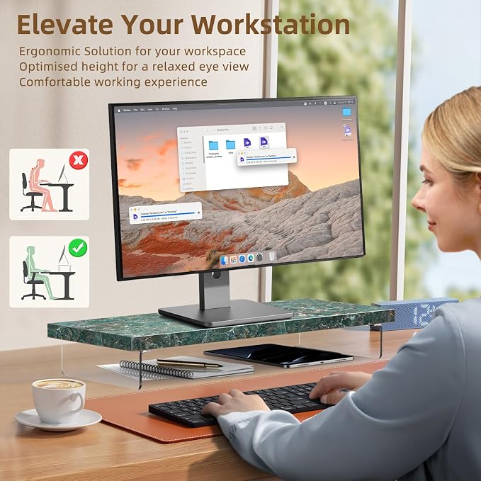 Dual Monitor Stand Riser, 40x10 in Wood & Acrylic Desktop Organizer Shelf | Computer Monitor Stand Riser With Wood & Acrylic Design; Fits 2 Monitors, Laptop, Printer And Desk Supplies For Office Use. - Image 5
