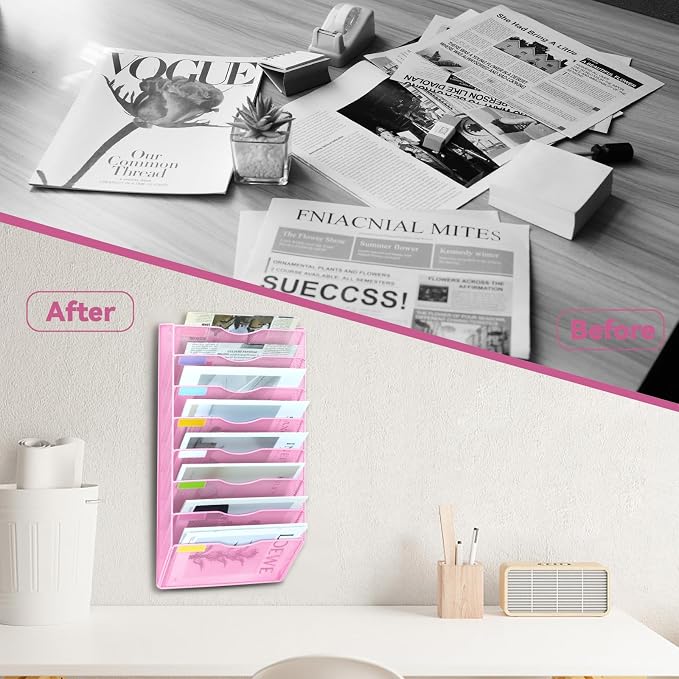 8 Pockets Mesh Wall File Holder Organizer Office Hanging File Folder Magazine Rack, Nametag Label Hooks Set Included (Pink) - Image 6