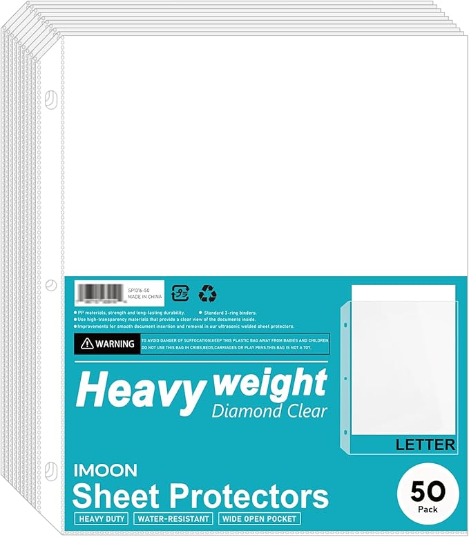 Heavyweight 3-Hole Letter Size Sheet Protectors - High Transparency Plastic Heavy Duty Sleeves for 3 Ring Binders, Archival Safe, Durable Page Protectors for Documents, 8.5x11 Inch (50 Pack) by Unknown