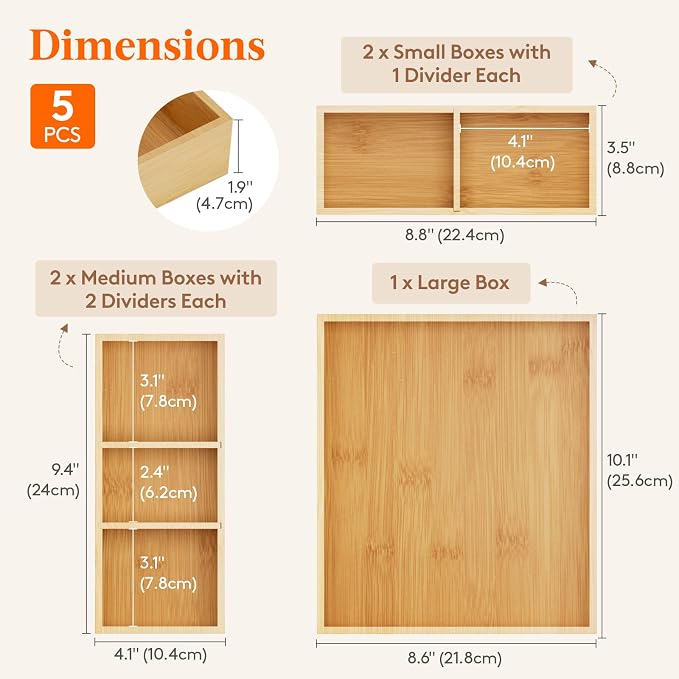Lifewit Drawer Organizers 5 Pack(11 Grid) with 6 Inserts | Adjustable Bamboo Wooden Trays for Utensils, Silverware, Makeup, Kitchen, Bathroom, Office, Vanity Storage - Image 2