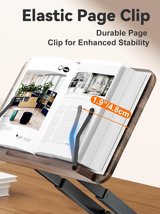 Tounee Book Stand, Telescopic Book Holder Stand, Adjustable Height Pull Out Design Ergonomic Cookbook Stand with Elastic Page Clips Fits All Books (Gray) - Image 6