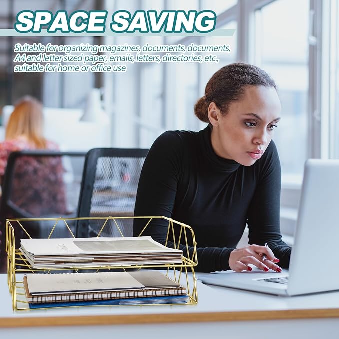 Yeaqee 4 Tier Stackable Gold Desk Organizer Paper Tray Rack Metal Letter Desk File Organizer Horizontal Holder File Trays for Office Desktop Supplies and Accessories - Image 5