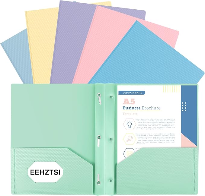 6-Pack Plastic andPockets and Prongs,2-Pocket and3 Fasteners, Holds 8-1/2" x 11" Paper for School/Office/Home, Pastel Color by EEHZTSIOFFICE