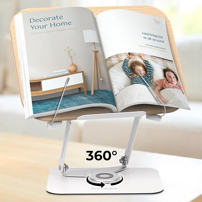 Book Stand for Reading - Adjustable Book Holder with 360° Rotating Base, Ergonomic Design for Extended Reading, Foldable and Portable, Necessity for Textbook, Bible, Cookbook, Music Scores, Tablet by Unknown