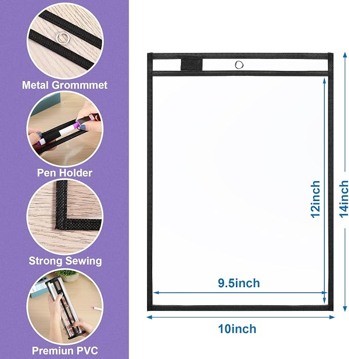Nezyo Dry Erase Pockets Plastic Job Ticket Holders Shop Holder Order Pockets Clear Sleeves Tickets Folders Plastic Sleeves Paper Teacher Supplies for Classroom(14 x 10 in,Black,12 Pcs) - Image 2