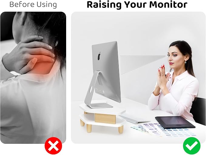 AFOOYO Monitor Stand Riser,2 Tier Corner Wood Sturdy 16.5In Computer Stand, Multi-Purpose Desktop Storage Stand for Laptop,PC,iMac,Printer,Computer,White - Image 4