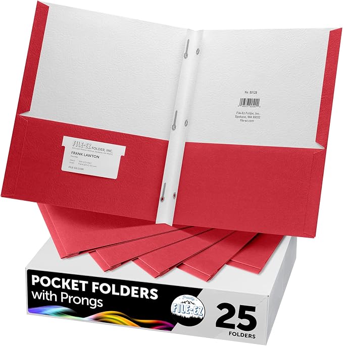 FILE-EZ Two-Pocket Folders with 3-Prong Fasteners, Red Color, 25-Pack, Durable Textured Paper, Matte Finish, Letter Sheet Size (EZ-92558) by FILE-EZ