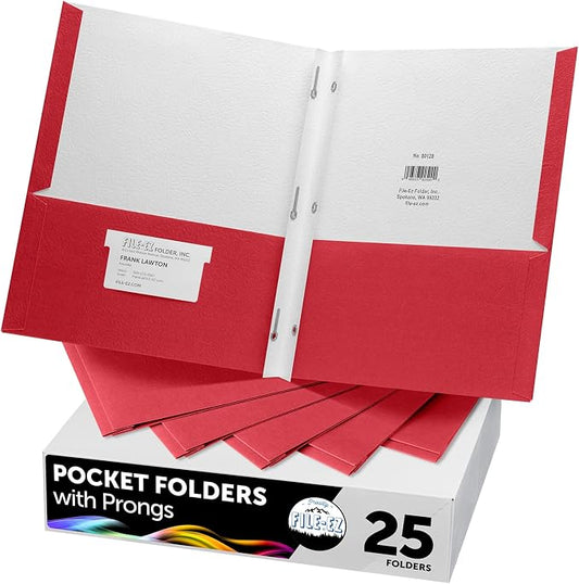 FILE-EZ Two-Pocket Folders with 3-Prong Fasteners, Red Color, 25-Pack, Durable Textured Paper, Matte Finish, Letter Sheet Size (EZ-92558) by FILE-EZ